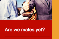 Image showing a handshake between two individuals, one in traditional attire and one in a suit, with the text 'Are we mates yet?' on a red background, framed by an orange border.